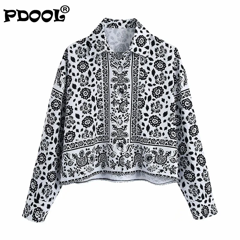 

Women Fashion Totem Print Asymmetric Cropped Blouse Vintage Long Sleeve Button-up Female Shirts Chic Tops