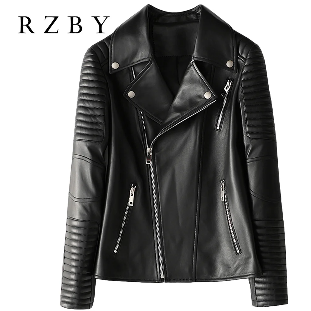 кожаная женская куртка 100% sheepskin stylish women genuine leather pockets tailored collar zipper black real fur coat rzby111