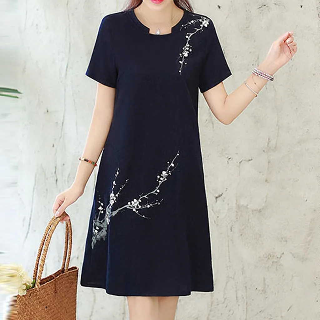 Женское платье с коротким рукавом круглым вырезом и цветочным принтом|Женские