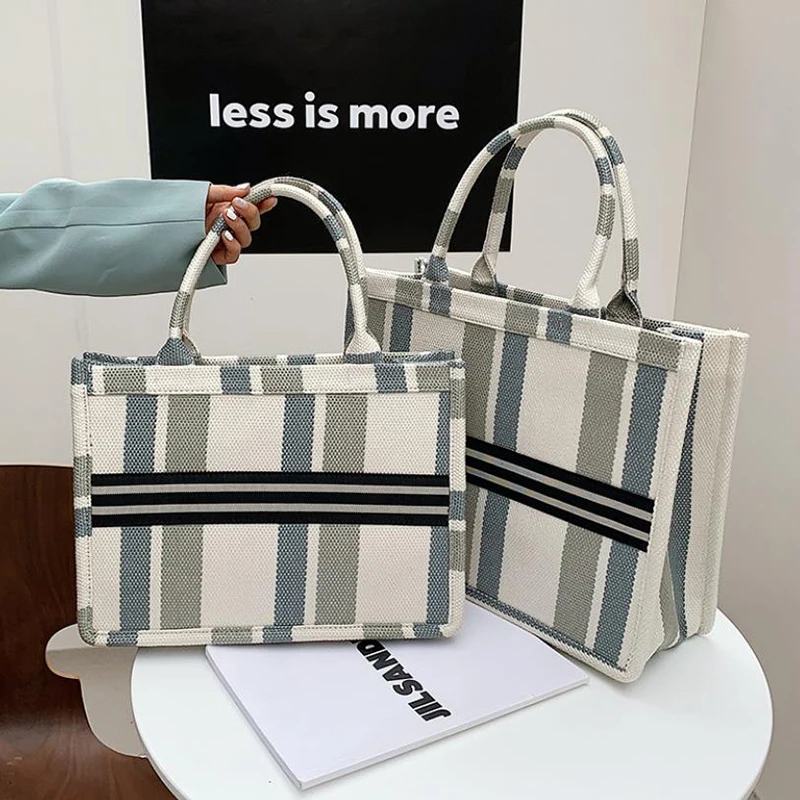 

2021 New 2 Sizes Striped Retro Large-Capacity Portable Canvas Bag Women's Shoulder And Underarm Tote Bag