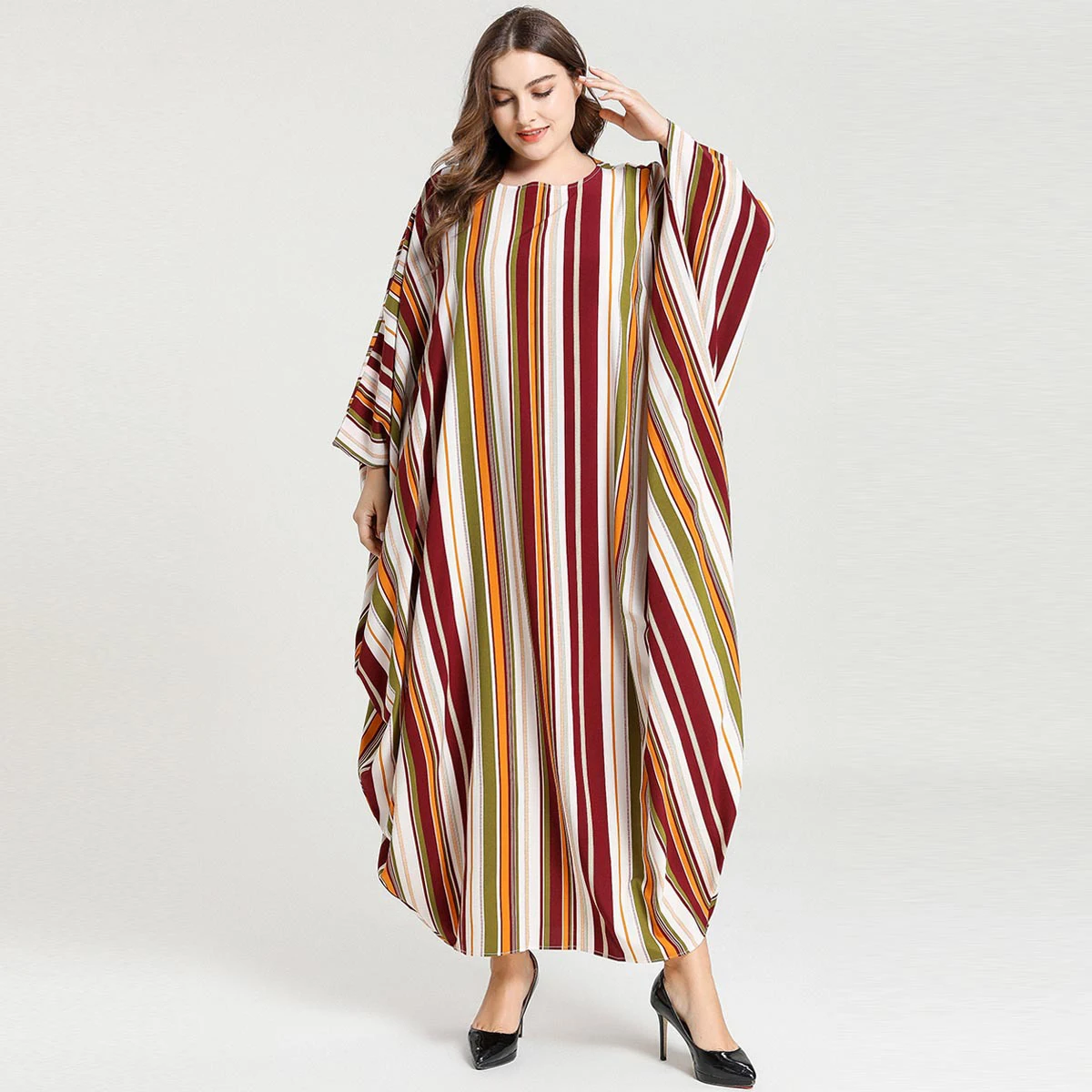 

2021 Muslim Dress Women Femme Solid Color Headgear Mosque Bat Sleeve Robes Cardigan Ramadan Long Maxi Dresses DR-252