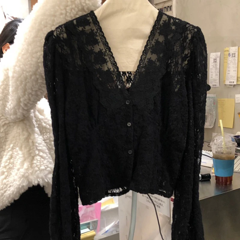 

Hook Hollow Out V-neck Lace Shirt Women's 2020 New Korean Style Foreign Style Bottom Fashion womens tops simple sexy shirts