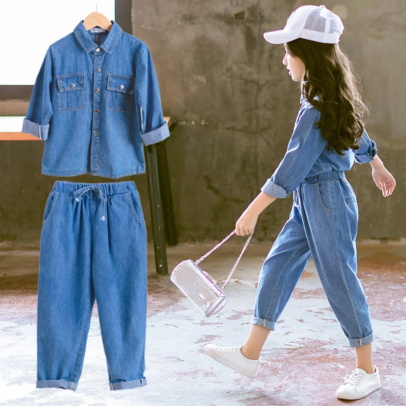 Костюм для девочек новинка 2021 осенняя одежда корейская детская джинсовый