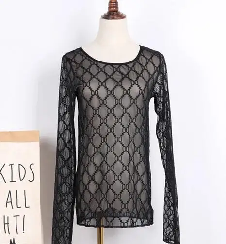 

Высококачественная Кружевная футболка с вышивкой, женская черная Прозрачная Футболка с круглым вырезом и длинными рукавами, ажурные футбо...