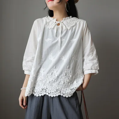 Женская футболка с оборками и вышивкой универсальный Свободный пуловер в стиле