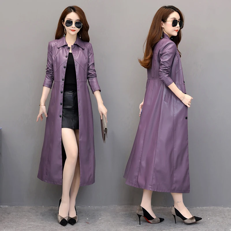 

NIEW Women's long leather coat over knee leather windbreaker 2019 slim medium long autumn winter coat shearling jacket leather