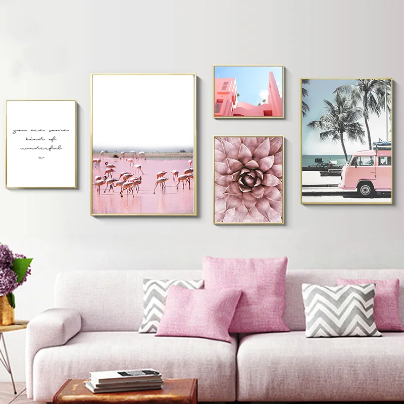 

Scandinavian Flower Pink Bus Flaming Decor Wall Art Canvas Painting Nordic Scenery Poster Modern Home Office Room Decor Unframed