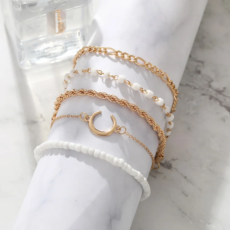 

fashion 4pcs/Set Fashion Bohemia moon bead Hand Cuff Link Chain Charm Bracelet Bangle for Women Gold Bracelets Femme Jewelry