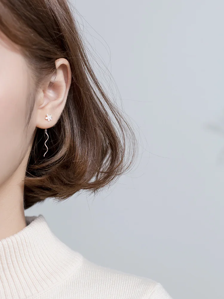 Trendy 100% 925 Sterling Silver Small Flower Ear Threads Earings Line Dangle Drop Earrings for Women Jewelry Gifts | Украшения и