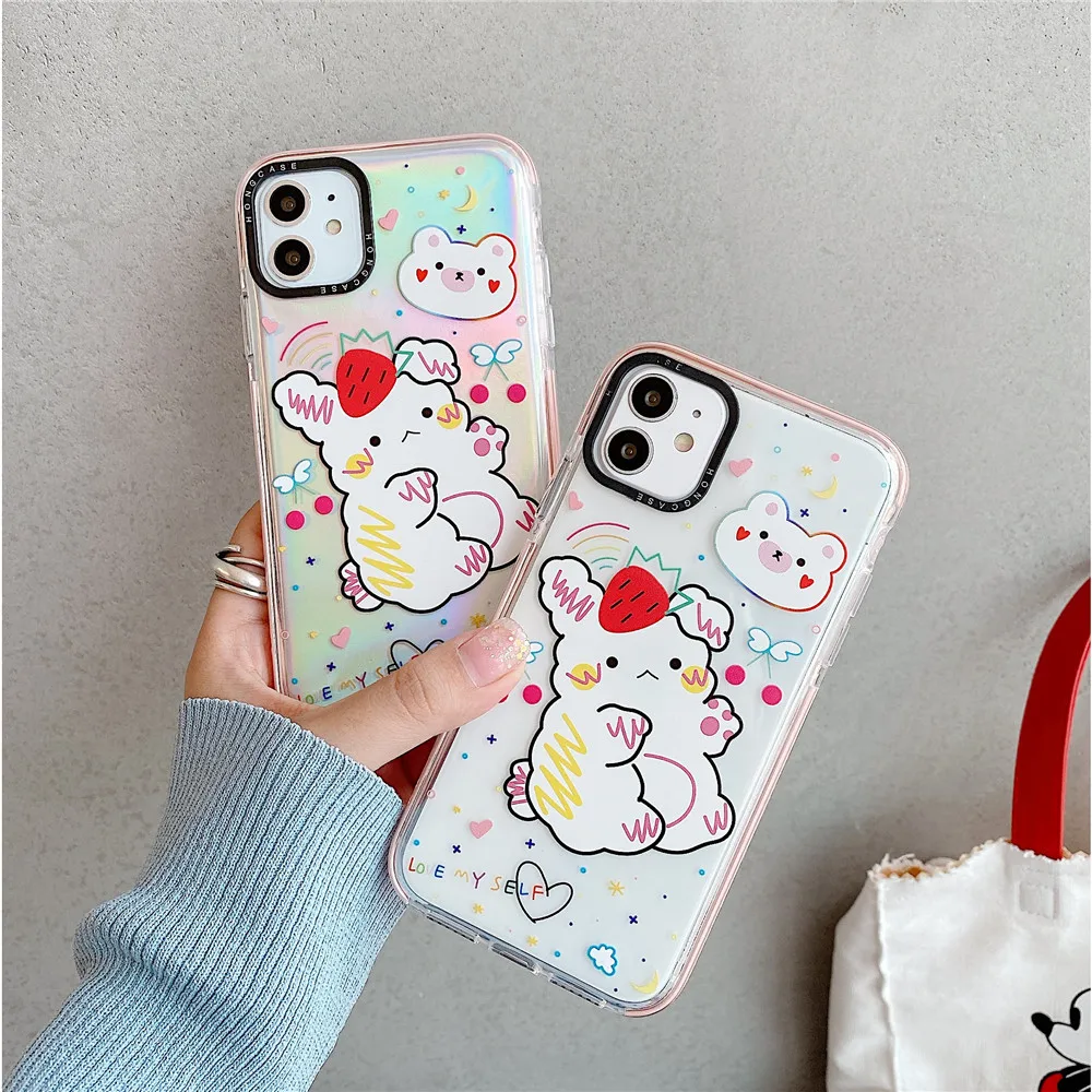 Double-Color Laser Cute Rabbit Soft TPU Funda Para Case For iPhone11Pro Max X XS Fitted Phone Cover iPhone XR 7 8 Plus | Мобильные