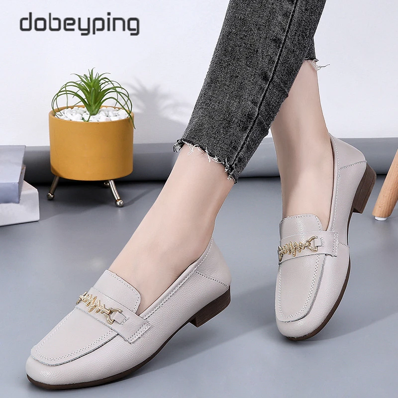 Spring Autumn Genuine Leather Shoes Woman Slip On Women's Flats Round Toe Female Loafers Soft Fashion Metal Outdoor Ladies Shoe