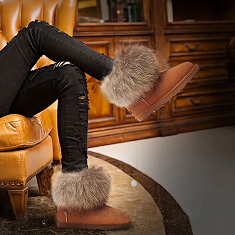 Women's Fox Fur Winter Snow Boots, Thick Plush Mid-Tube Non-Slip Warm Women's Boots, Casual Outdoor Winter Boots 35-40 Yards