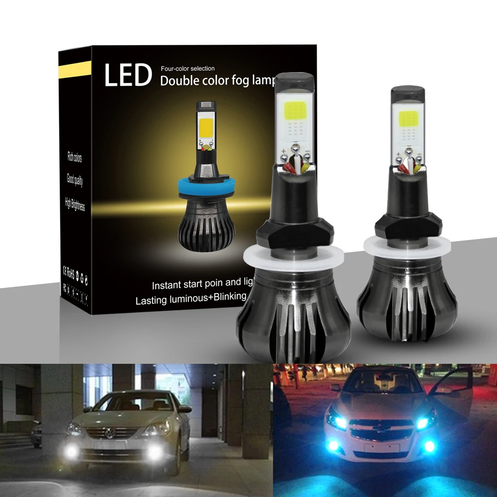 

Car Light Dual Color in 1 160W 880 881 LED Fog Light Bulbs 6000K White + 8000K Ice Blue Colors Strobe Lamp Bulb COB Bulb Kit