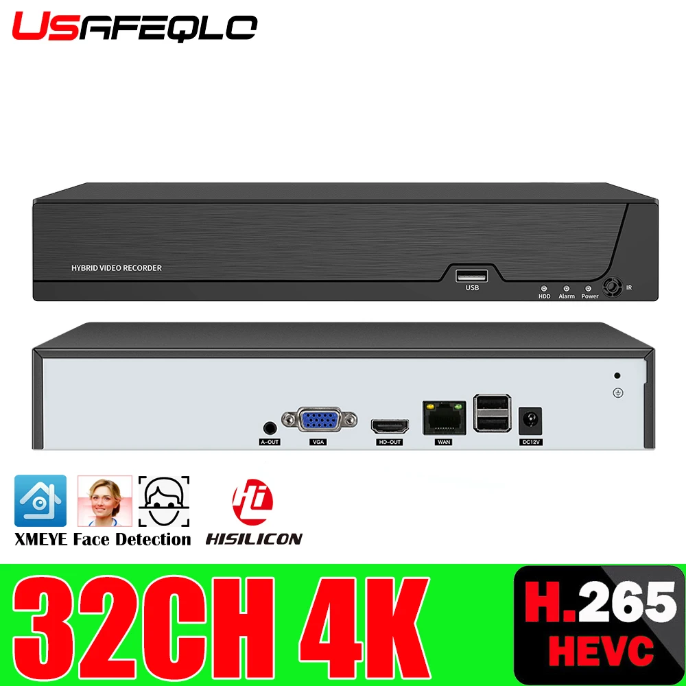 

USAFEQLO H.265 HEVC 16/32CH CCTV NVR для 4K/5MP/4MP/3MP/2MP ONF 2,0 IP-камеры, металлический сетевой видеорегистратор P2P для системы видеонаблюдения