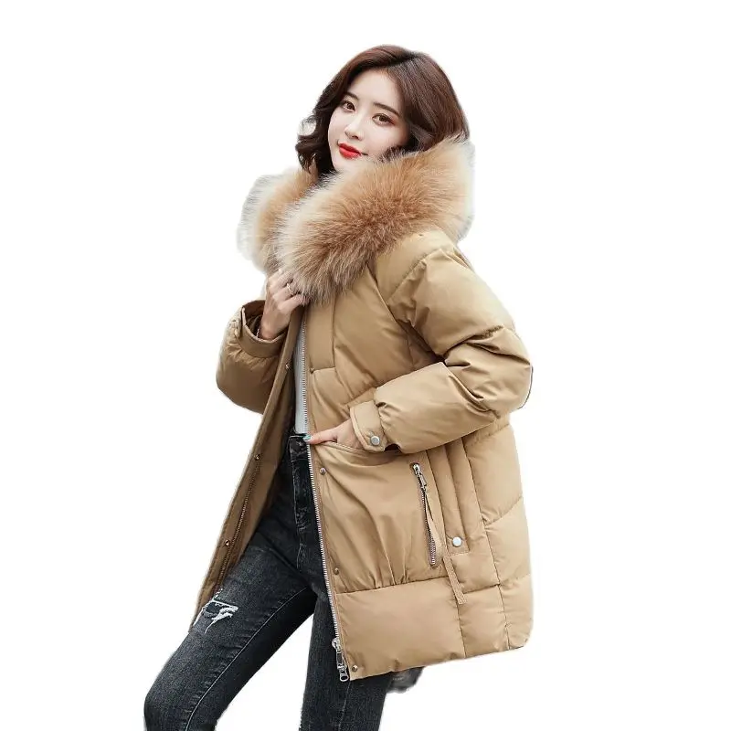 

Women Winter Hooded Faux Fur Collar Windproof Big Pocket Midi Warm Coat Puffer Jacket Cotton Padded Parkas Outwear Overcoat