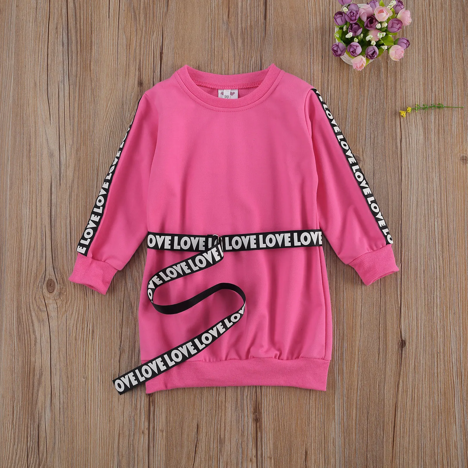 Платье-свитшот для девочек однотонный пуловер с длинным рукавом и пояс надписью