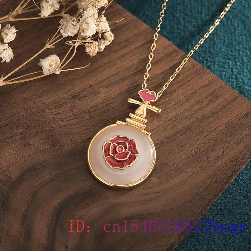 

White Jade Rose Pendant Charm Necklace Women Zircon Crystal Amulet Jewelry 925 Silver Chinese Gifts Gemstone Agate Chalcedony