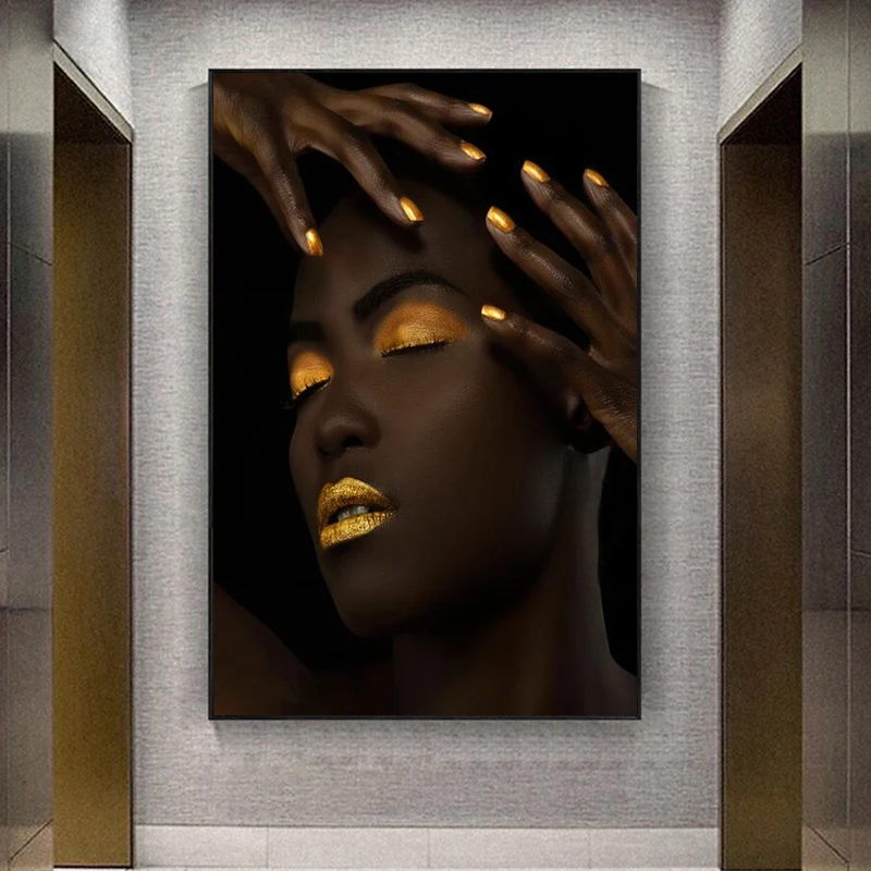 

Gold Sexy Lips African Woman Art with Canvas Paintings on The Wall Art Posters and Prints Black Girls Art Pictures Home Decor