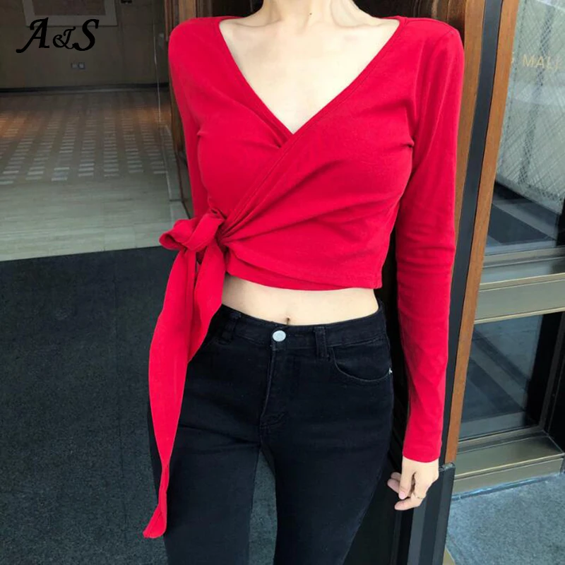 Женская футболка с узлом и V образным вырезом длинным рукавом|Футболки| |