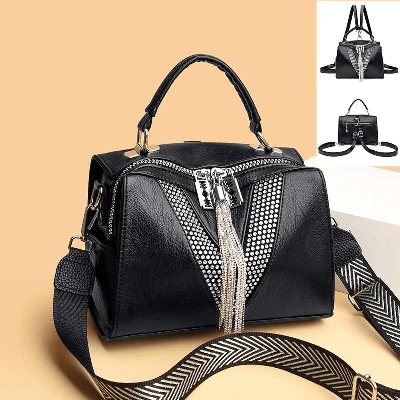 

High Quality Rivet Leather Womens Bag Handbags Luxury Brand Chain Tassel Totes Fashion Female Shoulder Bags Casual Messenger Bag