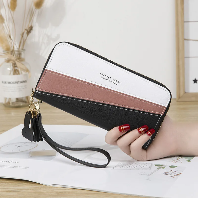

Длинный женский кошелек на молнии, Студенческая Корейская прошитая Сумочка контрастных цветов с кисточками