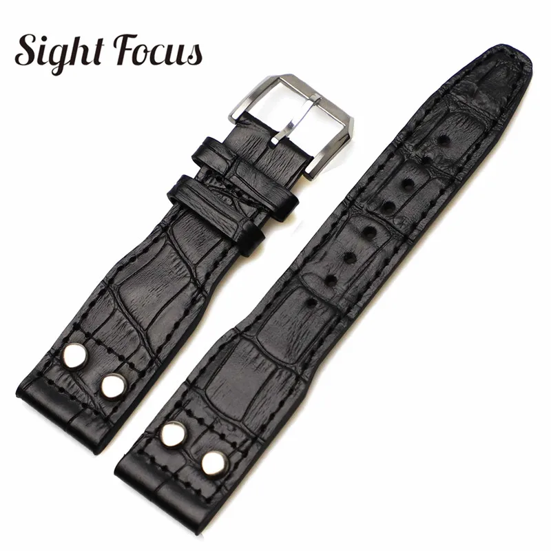 

22x18mm Black Leather Watchbands for IWC Pilot Hamilton Militay Bracelet Watch Strap Rivet Studs Belt Wristband pin Buckle