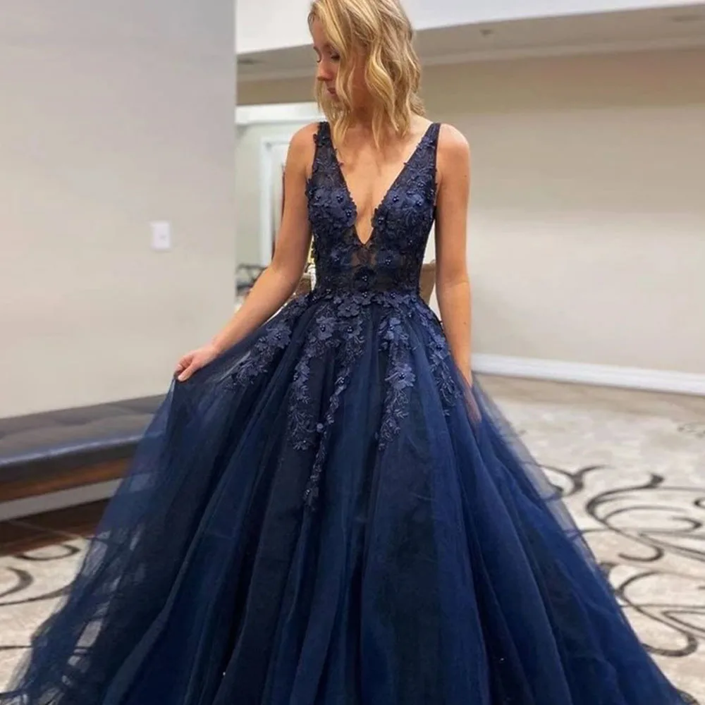 

A-line V-Neck Evening Dresses Long Luxury 2021 Appliques Navy Blue Elegant Ball Gown Sexy Tulle Beaded Plus Size robes de soire