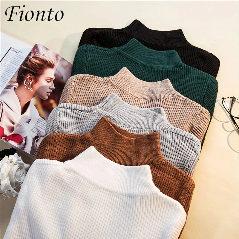 Fionto 2021 Autumn Winter Women Pullovers Sweater Knitted Elasticity Casual Jumper Fashion Slim Turtleneck Warm Female Sweaters | Женская