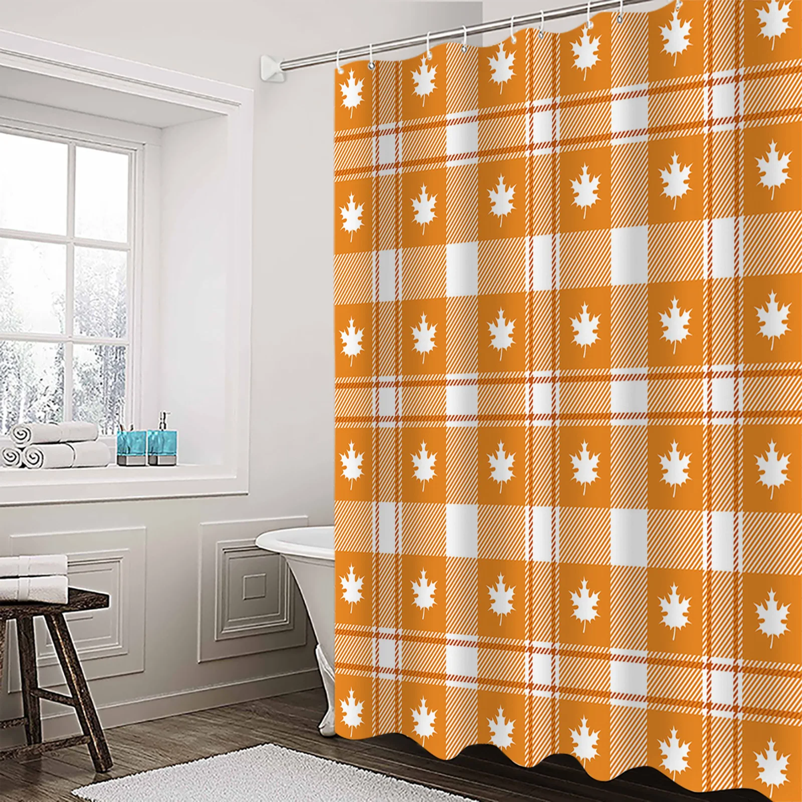 

Autumn Maple Leaf Orange Lattice Shower Curtain Waterproof Polyester Fabric Shower Curtains Home Decoration Curtain with Hook