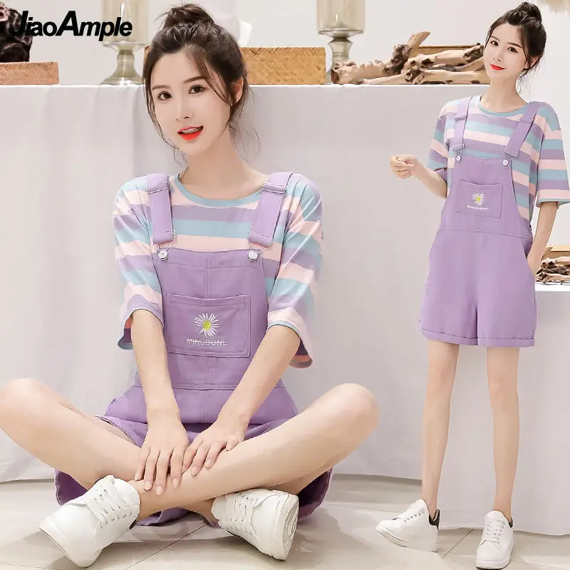

Women Denim Overalls T-Shirt Sets Girls Student Summer Leisure Stripe Short Sleeve Clothing Set Lady Embroidery Daisy Pants 2021