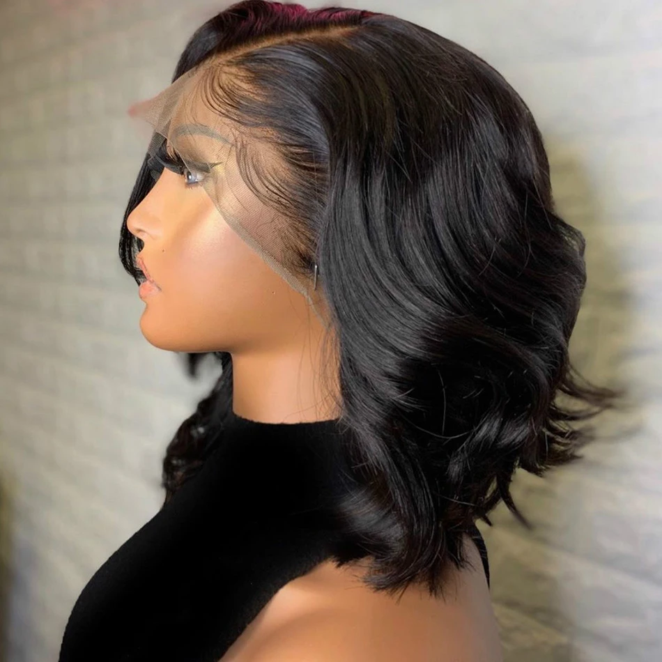 

Middle Part 180% Density Body Wave Short Bob Natural Black Lace Front Synthetic Wig For Women With Baby Hair Pre Plucked Daily