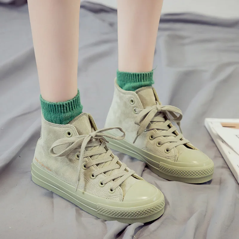 High-top Shoes Women Winter New Non-slip Solid Color Letter Flock Shoes Comfortable Flat Casual Women's Vulcanize Shoes