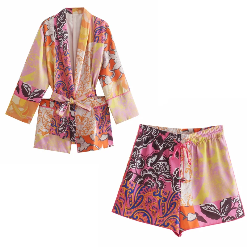 

TRAF Za Shorts Women 2021 Patchwork Print High Waist Short Pants Woman Summer Streetwear Casual Shorts Vintage Loose Short Pants