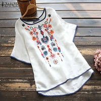 zanzea summer blouse women floral embroidery shirt vintage o neck short sleeve blusas casual cotton linen tops tunic