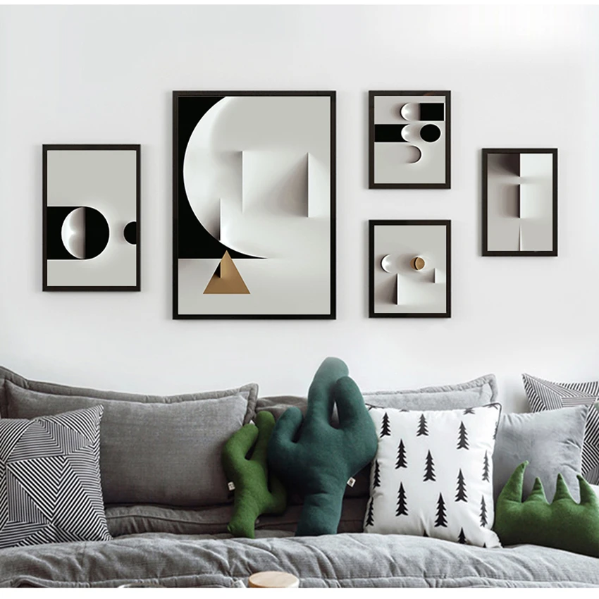 

Настенная картина с круглым плакатом для гостиной, минималистичный декор, абстрактная линия, черно-белая холщовая живопись с геометрически...