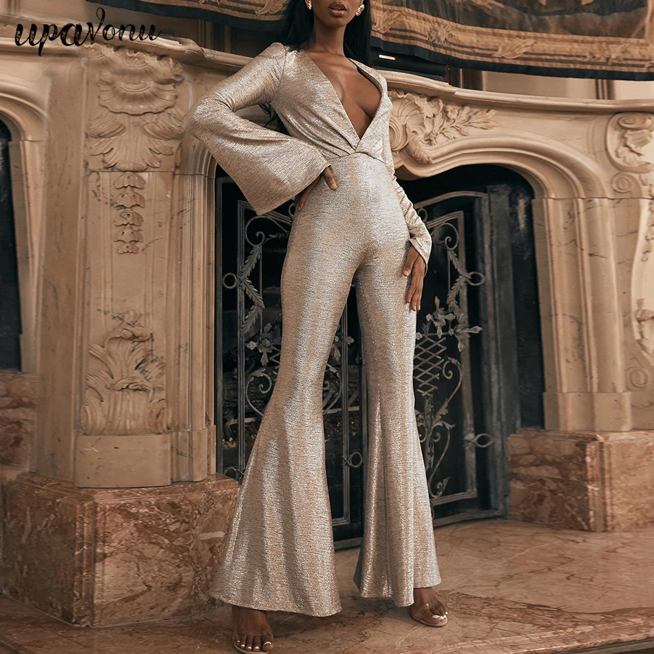 

2020 New Summer Women's Jumpsuit V-neck Draped Flared Jumpsuit Sexy Bodycon Elegant Club Celebrity Party Jumpsuit