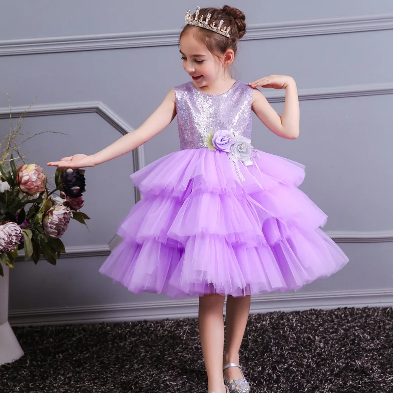 Champagne Gray Pink Purple Girl Flower Sequins Tulle Cake Princess Dress Kids Party Birthday Wedding Gown 3-12Y BW011 | Детская одежда