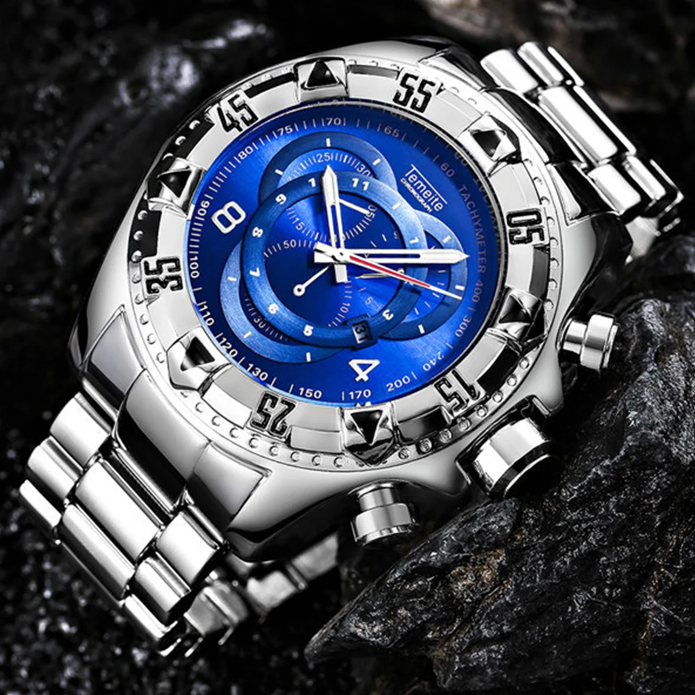 Luxury Brand Silver 52mm Big Dial Mens Quartz Watches Waterproof Multifunction Male Watch Military Sport Clock Relogio Masculino