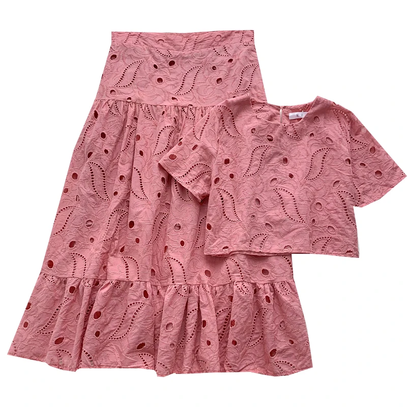 

2021 New Summer hollow out Embroidery O-neck short Sleeve Top + high waist ruffles Skirt Two piece set