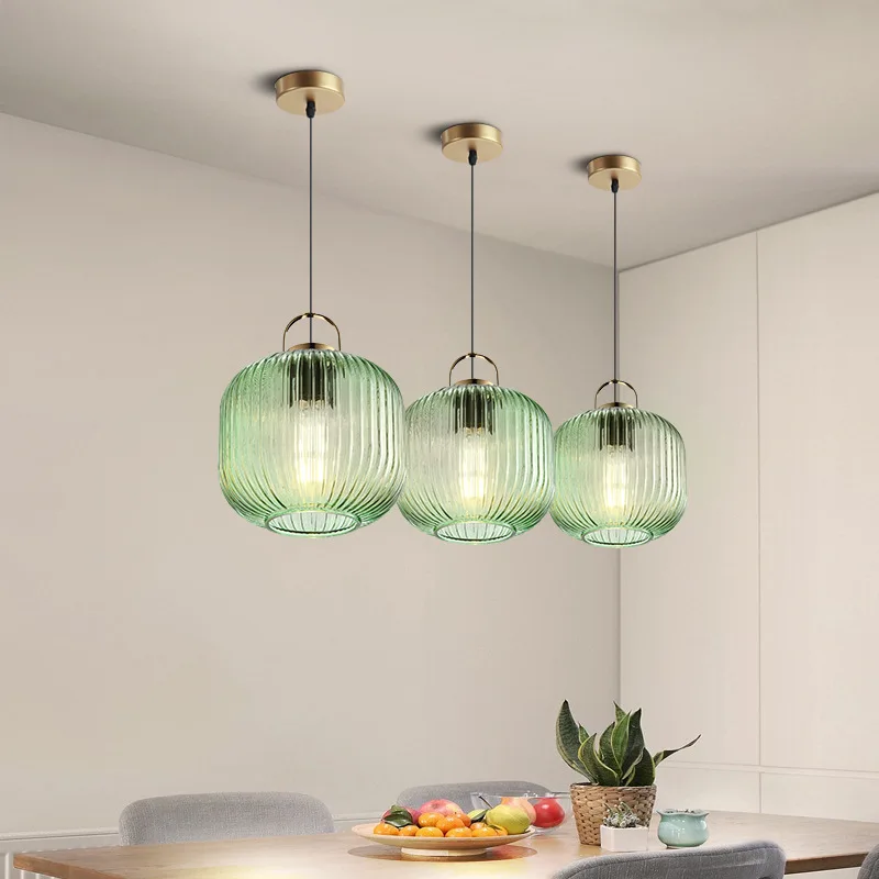 

Nordic restaurant lamp porch aisle bedside coffee shop retro E27 LED simple green glass homestay single head pendant lights