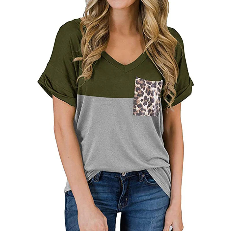 

Summer Patchwork Color T-shirts Tops Women Short Sleeve Pocket Leopard Print Plus Size Ladies Casual Loose Harajuku T-shirt