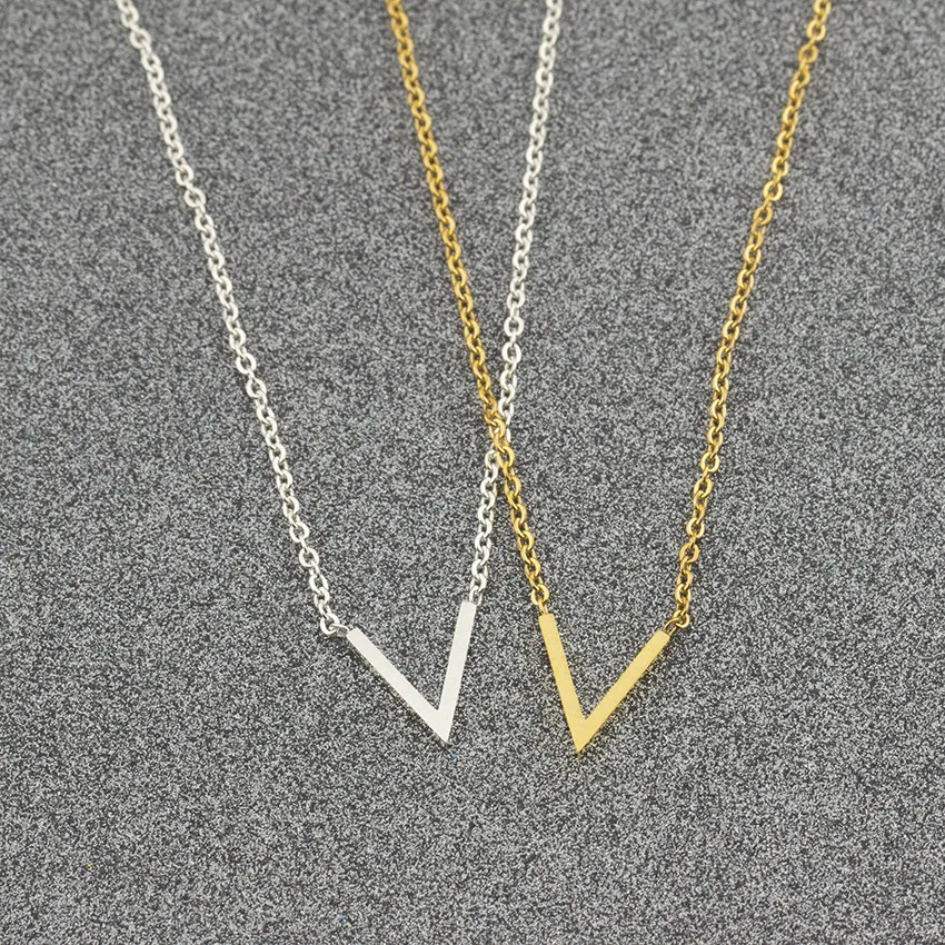 Minimalist V Letter Pendant Necklace Women Men Boho Jewelry Stainless Steel Chain Chevron Collier Femme Best Friend Gifts | Украшения и