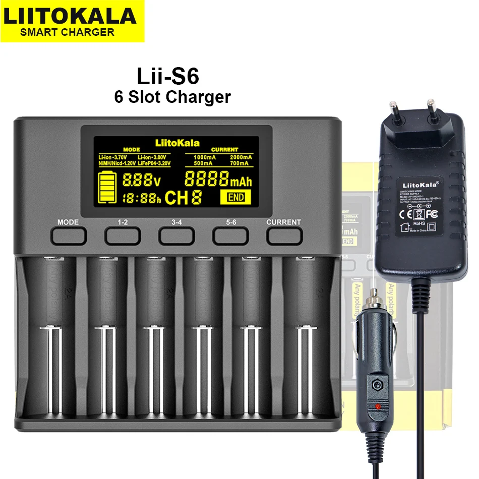 

LiitoKala Lii-S6 Lii-PD4 Lii-500S 3.2V 3.7V 18650 Battery Charger 6-Slot Auto-Polarity Detect 26650 21700 18500 AA AAA Batteries