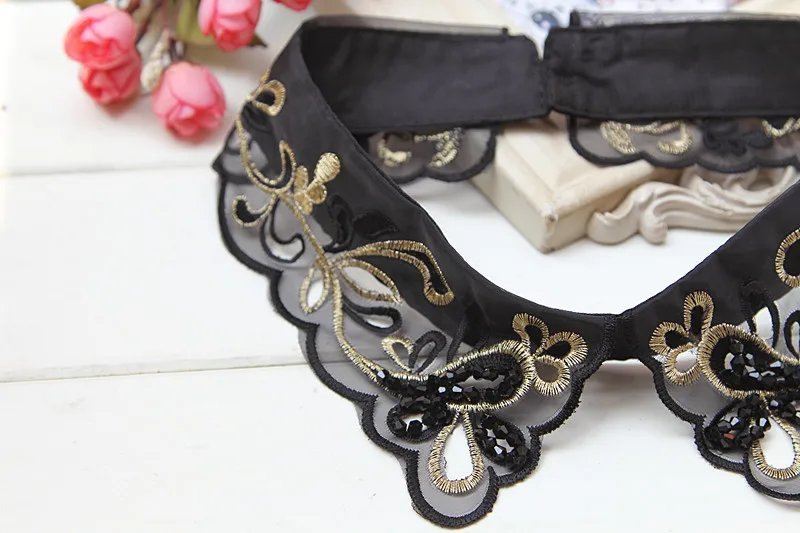 Linbaiway Handmade Beads Shirt Fake Collar Tie Women Embroidery Detachable False Lapel Blouse Top Removable Faux Cols |