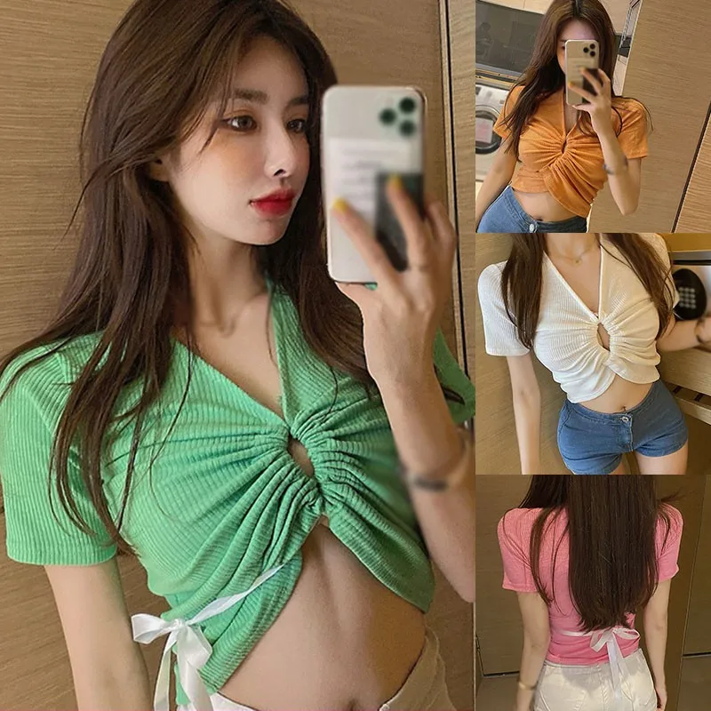 Women's Fashion V-Neck Blouses Korean Style Navel Sexy Slim Short Sleeve Summer Ladies Shirt Tops 2020