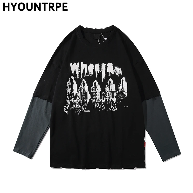 Мужская футболка в стиле хип-хоп Лоскутная с длинным рукавом круглым вырезом