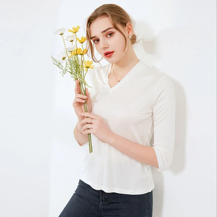 

30% Silk 70% Spandex Women's Blouse Sexy V Neck Long Sleeves Knitted Fashion Casual Tops