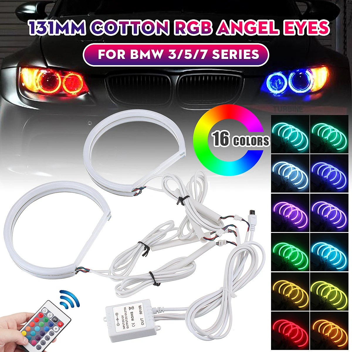 

Headlight Multi-color RGB LED Angel Eyes Halo Ring Eye Light Remote Control for BMW E46 E90 E91 2PCS 131mm 2PCS 146mm