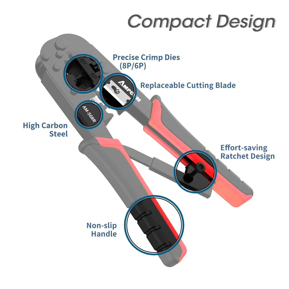 AMPCOM модульный обжимной инструмент RJ45 RJ11 с резьбой для проводов и Стриппер