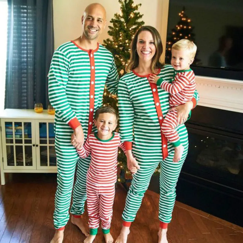 2019 Рождественский семейный комбинезон Рождественская пижама в полоску с круглым
